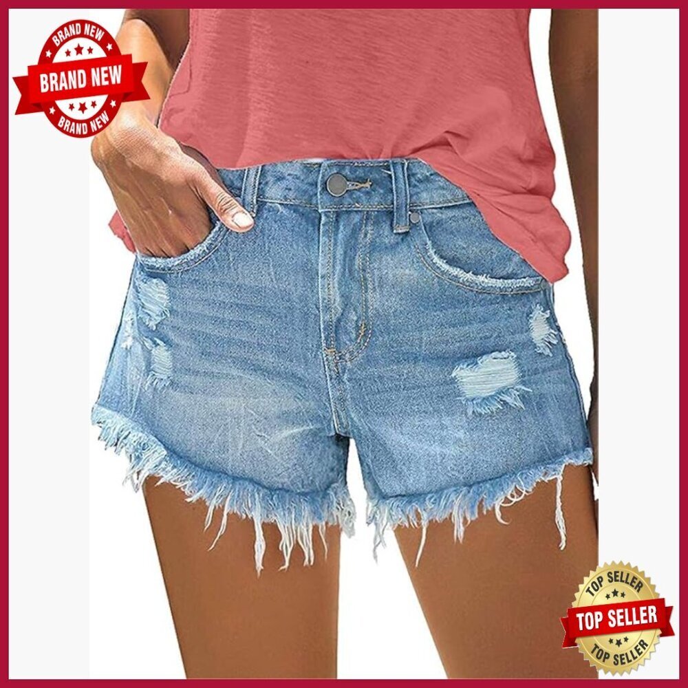 Mid Rise Ripped Denim Shorts with 5 Pockets, Stretchy Cotton Blend